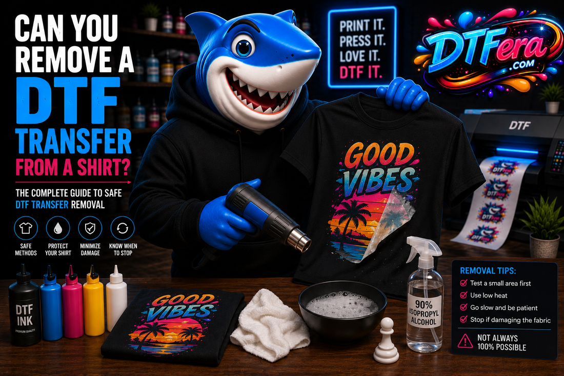 Shark mascot demonstrating how to remove a DTF transfer from a shirt in a professional DTF printing studio.