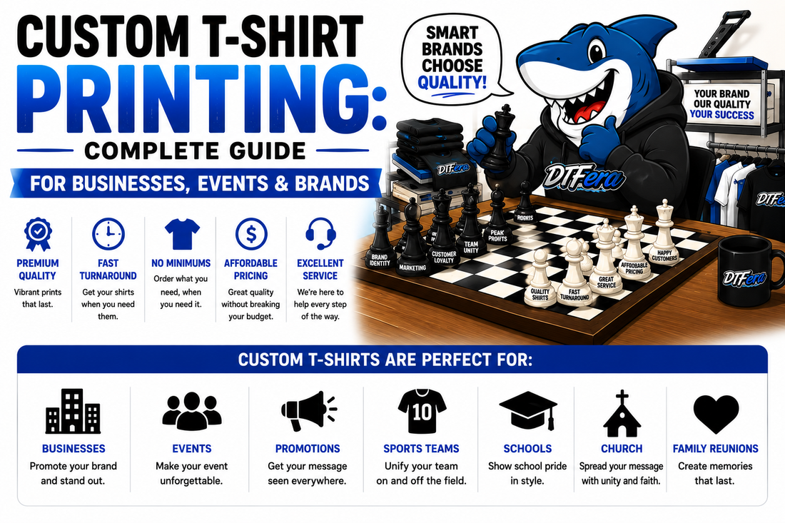 Custom t-shirt printing for businesses, events, schools, sports teams, and brands using premium DTF printing