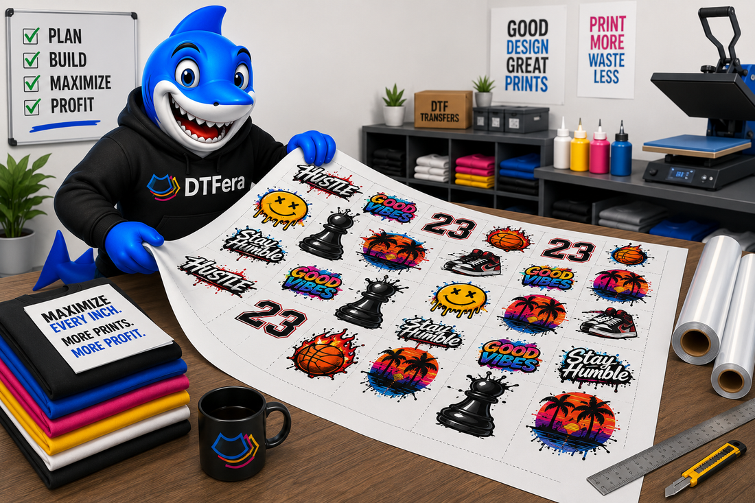 Maximized DTF gang sheet with tightly arranged designs to reduce film waste and save money