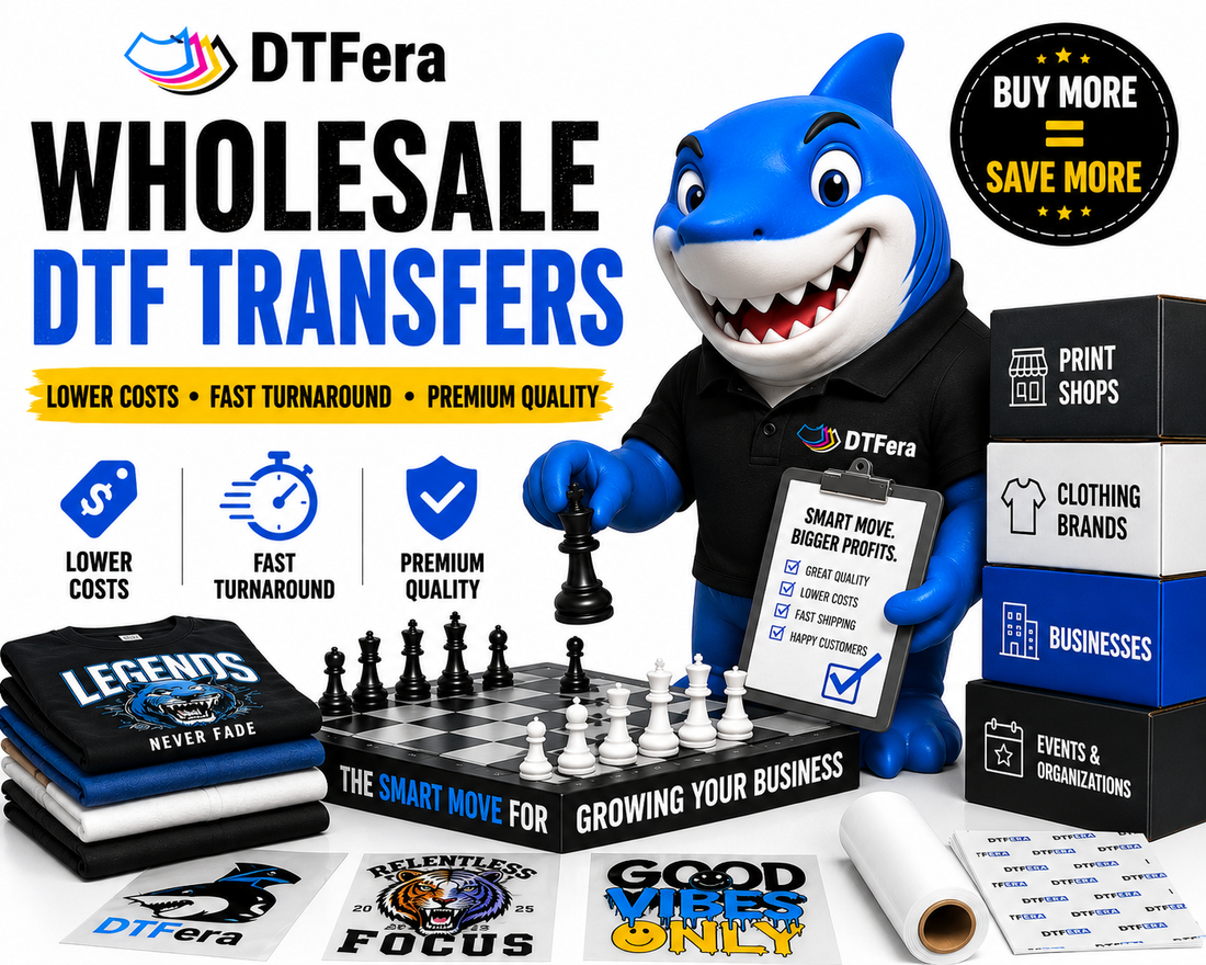 Bulk wholesale DTF transfers stacked and ready to ship for print shops and apparel businesses