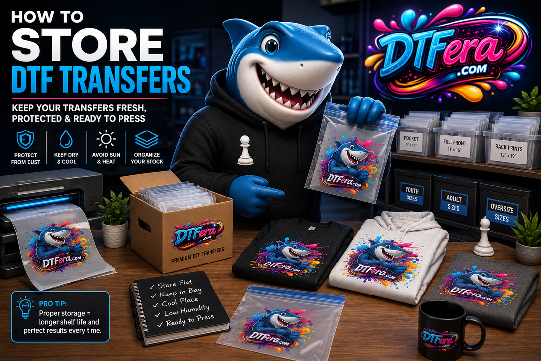 Shark mascot demonstrating the proper way to store DTF transfers in protective bags and organized storage bins to keep transfers clean, dry, flat, and ready for pressing.