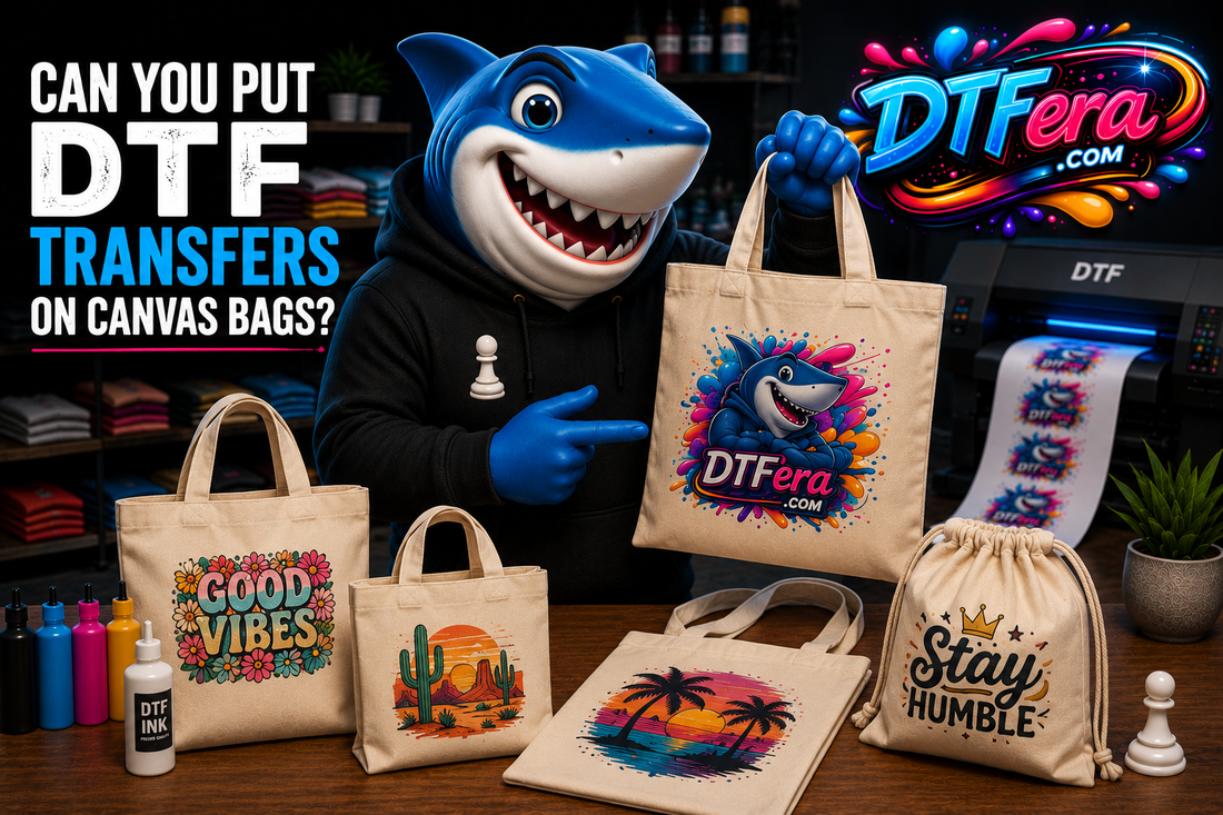 Shark mascot showcasing DTF transfers applied to custom canvas bags in a professional DTF printing studio.