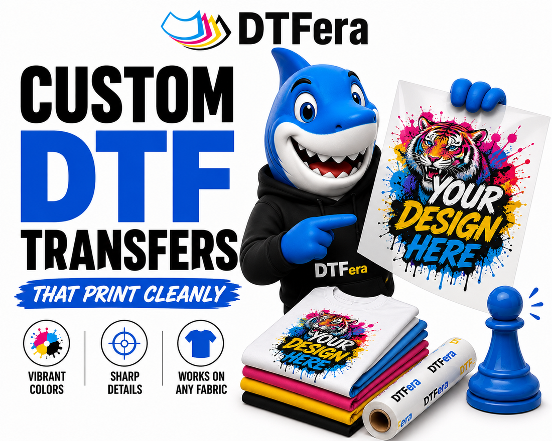 Custom DTF transfer pressed onto a black t-shirt with vibrant, clean print results
