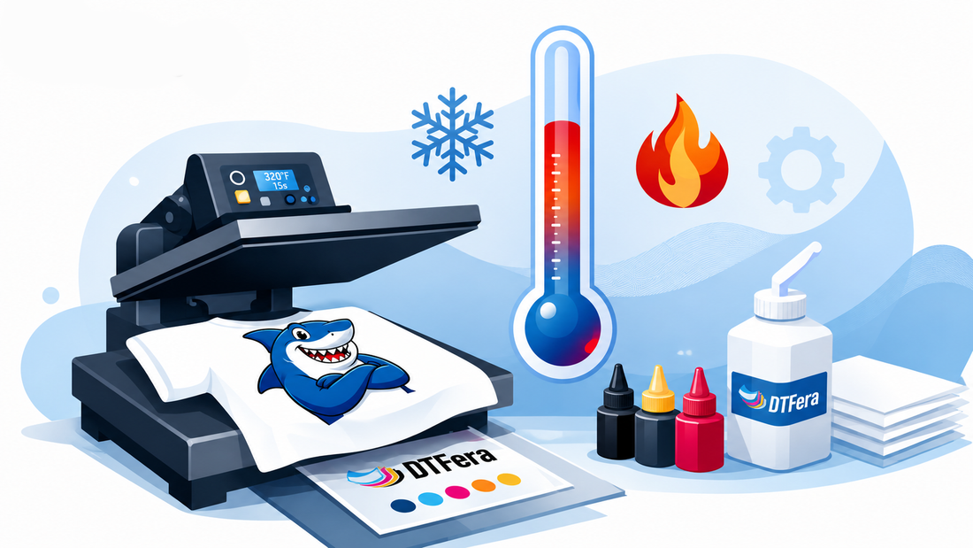 Heat press settings chart showing temperature, time, and pressure for DTF transfers by fabric type
