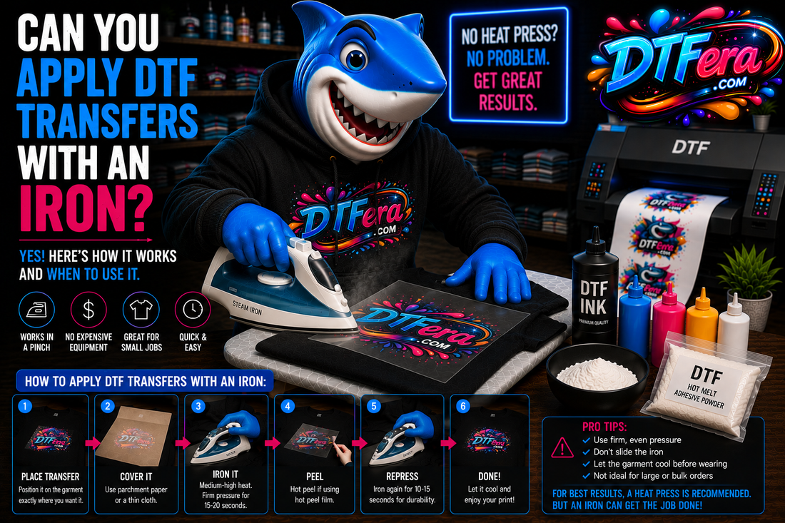 Shark mascot demonstrating how to apply a DTF transfer with a household iron in a professional DTF printing studio.