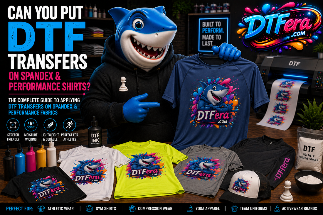 Shark mascot showcasing DTF transfers applied to spandex and performance shirts in a professional DTF printing studio.