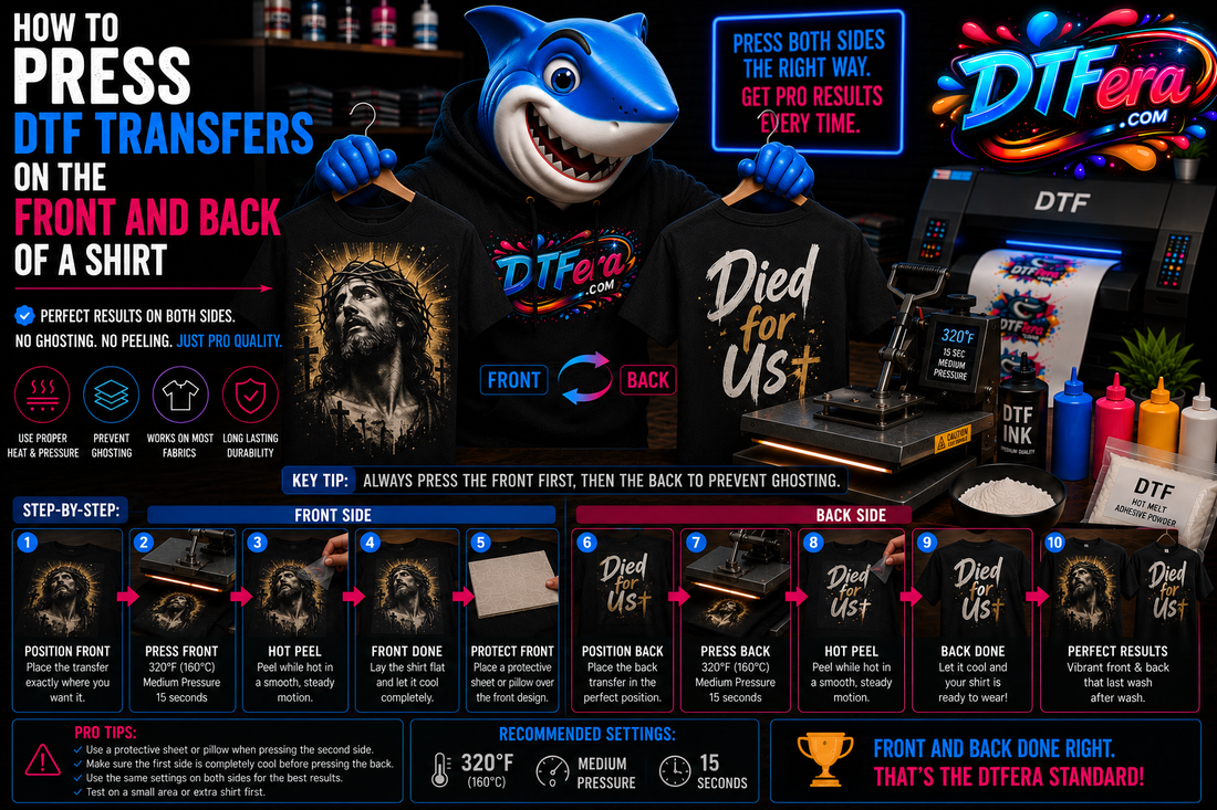 Shark mascot demonstrating how to press DTF transfers of Jesus on the front and back of a shirt in a professional DTF printing studio using a front-and-back apparel design.