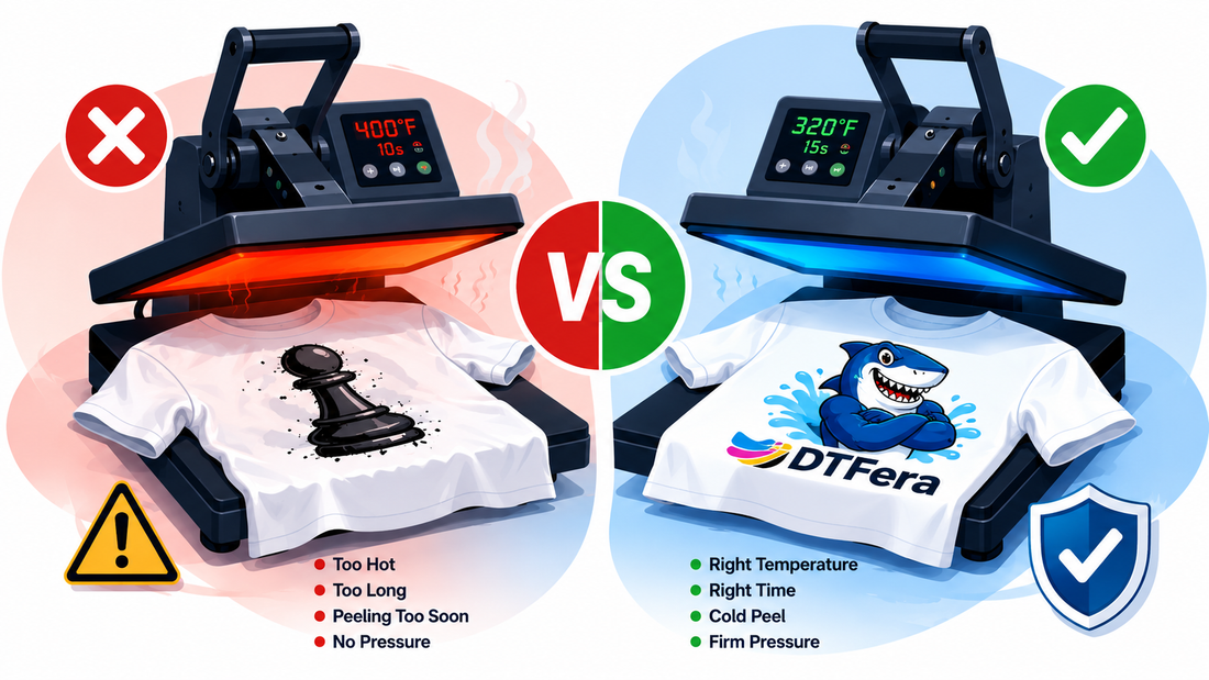 Common DTF pressing mistakes illustrated with examples of peeling, uneven pressure, and wrong temperature
