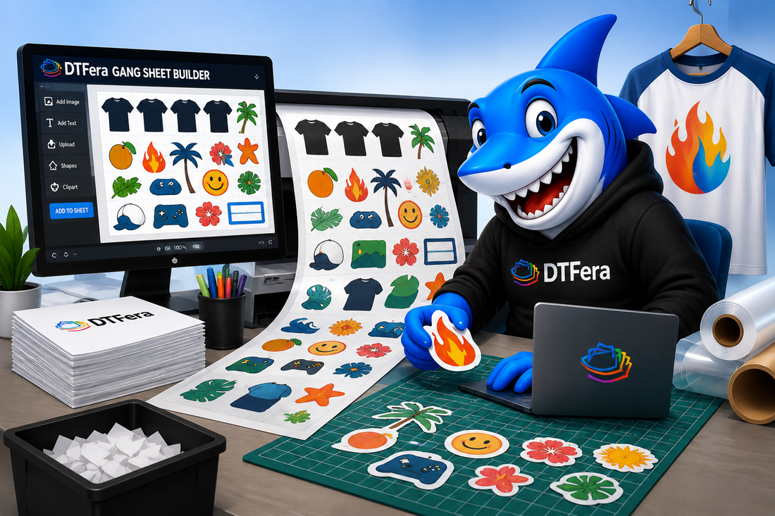 DTF gang sheet builder interface showing designs arranged on a printable film sheet