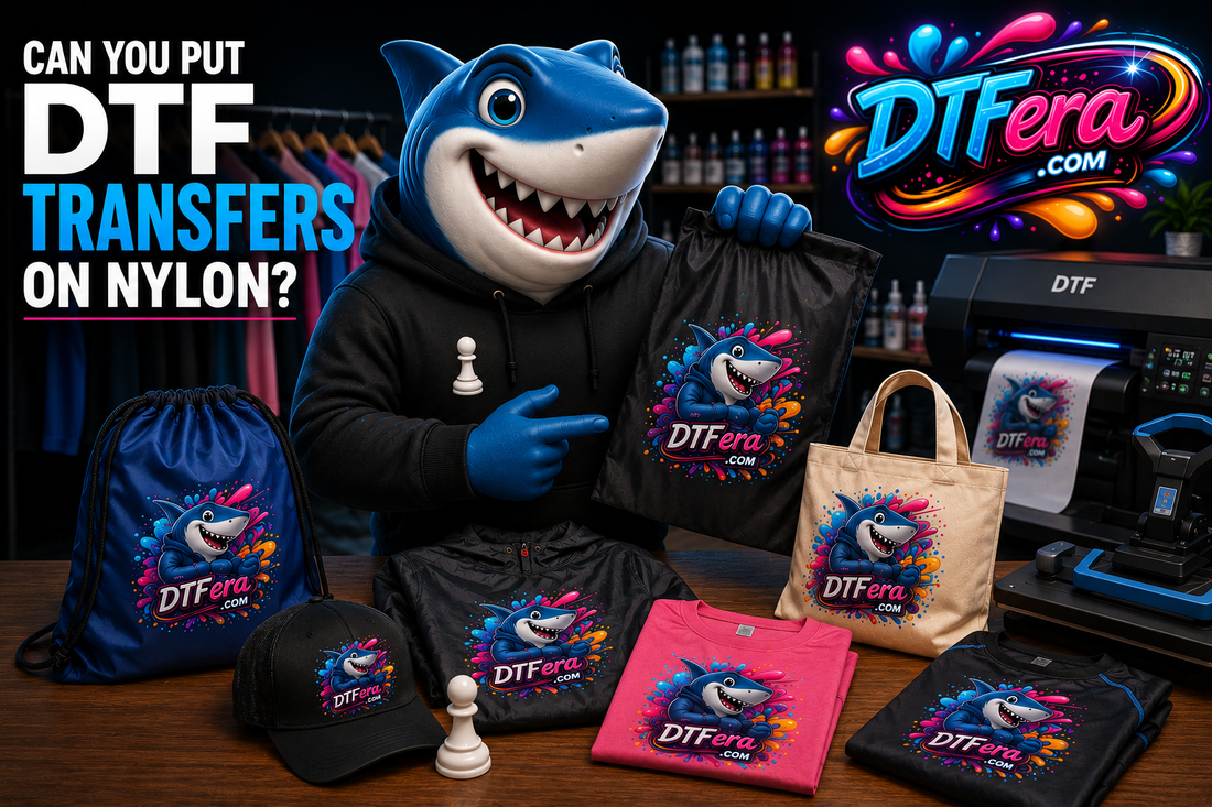Shark mascot demonstrating DTF transfers on nylon fabric with examples of performance apparel, hats, canvas bags, and other compatible materials in a professional DTF printing studio.