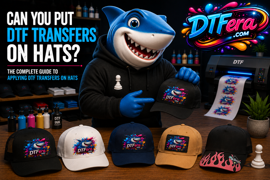 Shark mascot showcasing DTF transfers applied to custom hats in a professional DTF printing studio. Hatvendor.com