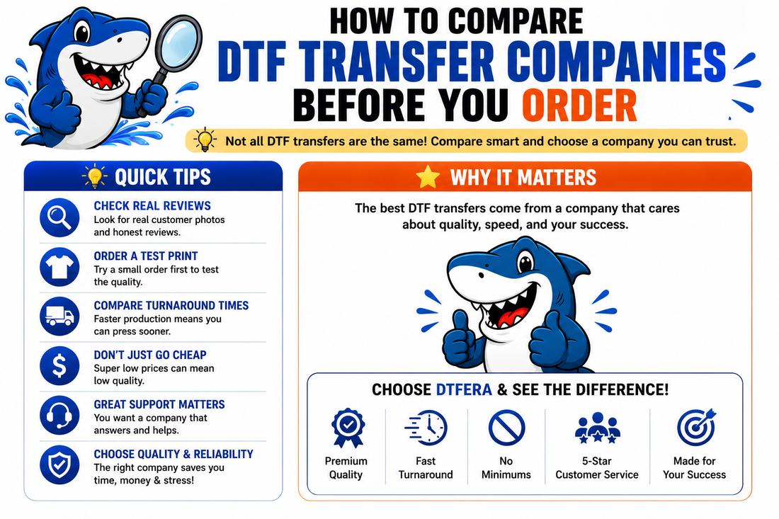 How to Compare DTF Transfer Companies Before You Order Infographic – Tips for Choosing High-Quality DTF Transfers, Fast Turnaround, Customer Reviews & Print Quality | DTFera