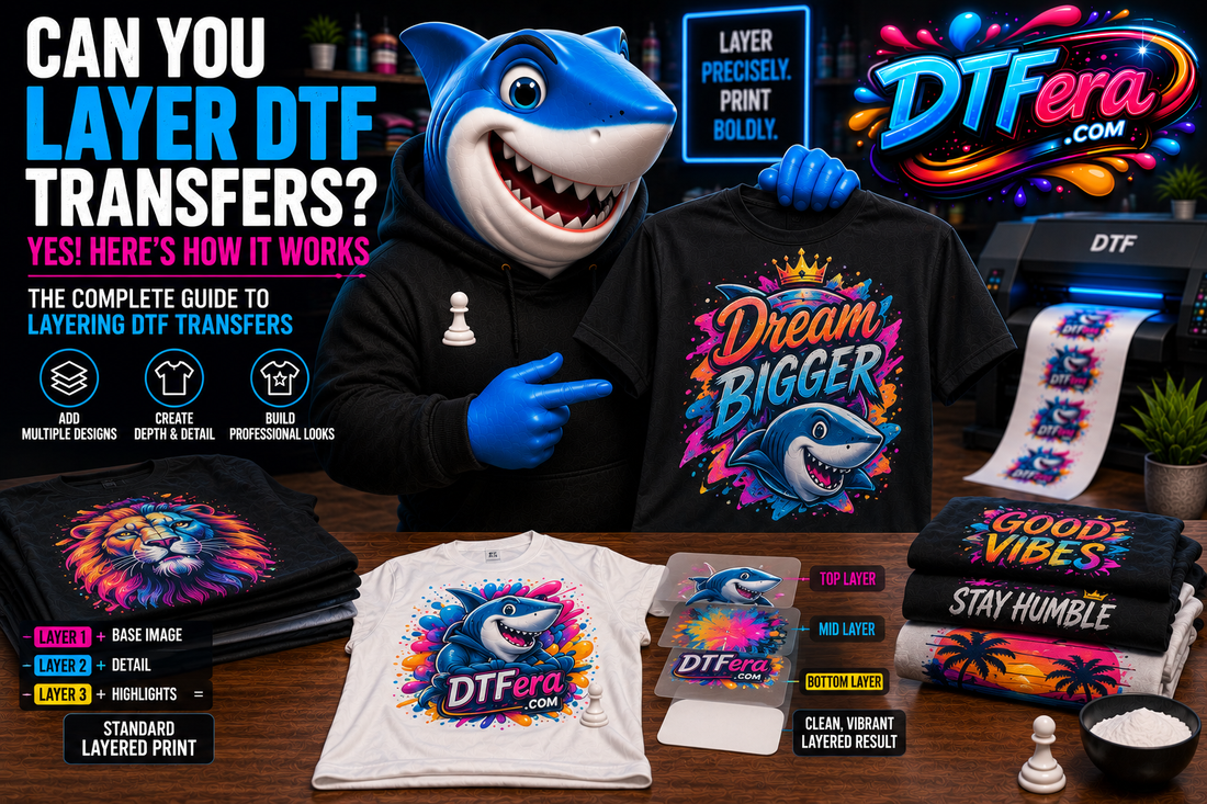 Shark mascot demonstrating how to layer DTF transfers in a professional DTF printing studio.