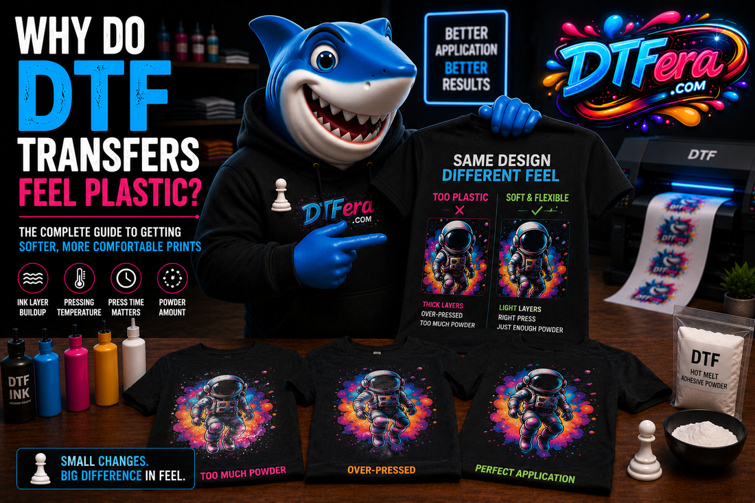 Shark mascot explaining why DTF transfers can feel plastic in a professional DTF printing studio.