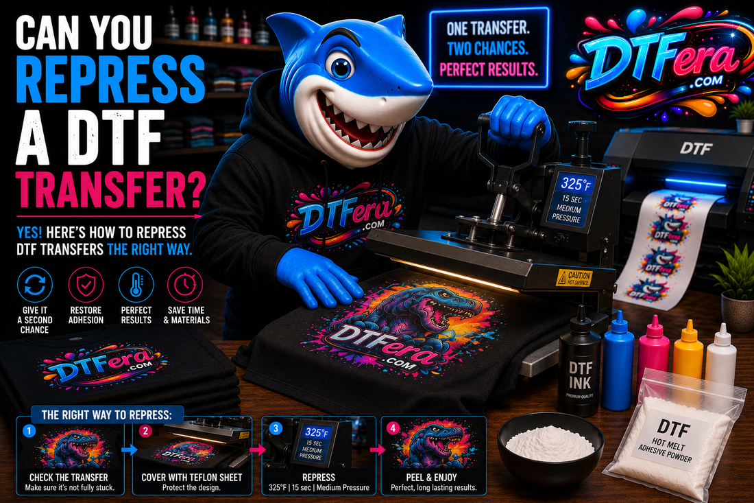 Shark mascot demonstrating how to repress a DTF transfer using a heat press in a professional DTF printing studio.