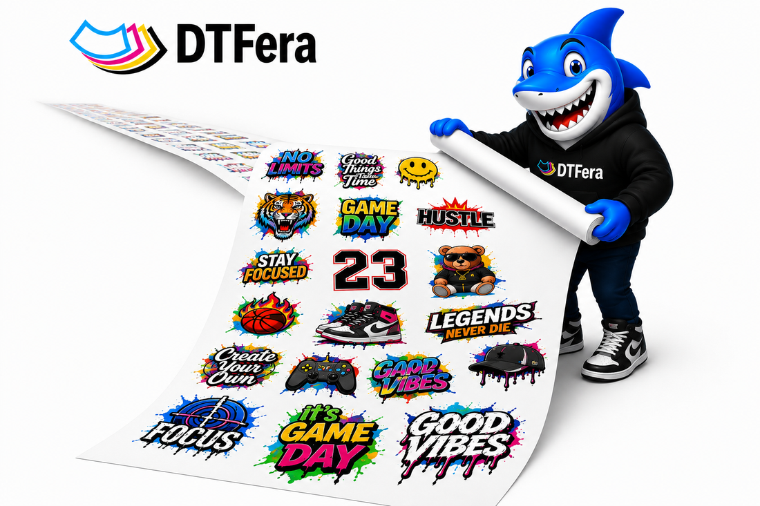 DTF gang sheet with multiple designs arranged on a single film for cost-efficient printing